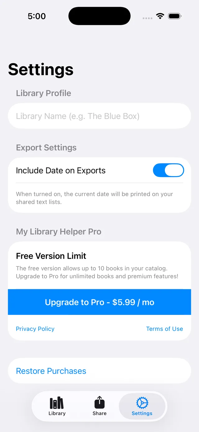 My Library Helper Settings Screen