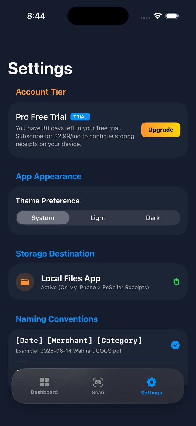 ReSeller Receipts Settings Screen